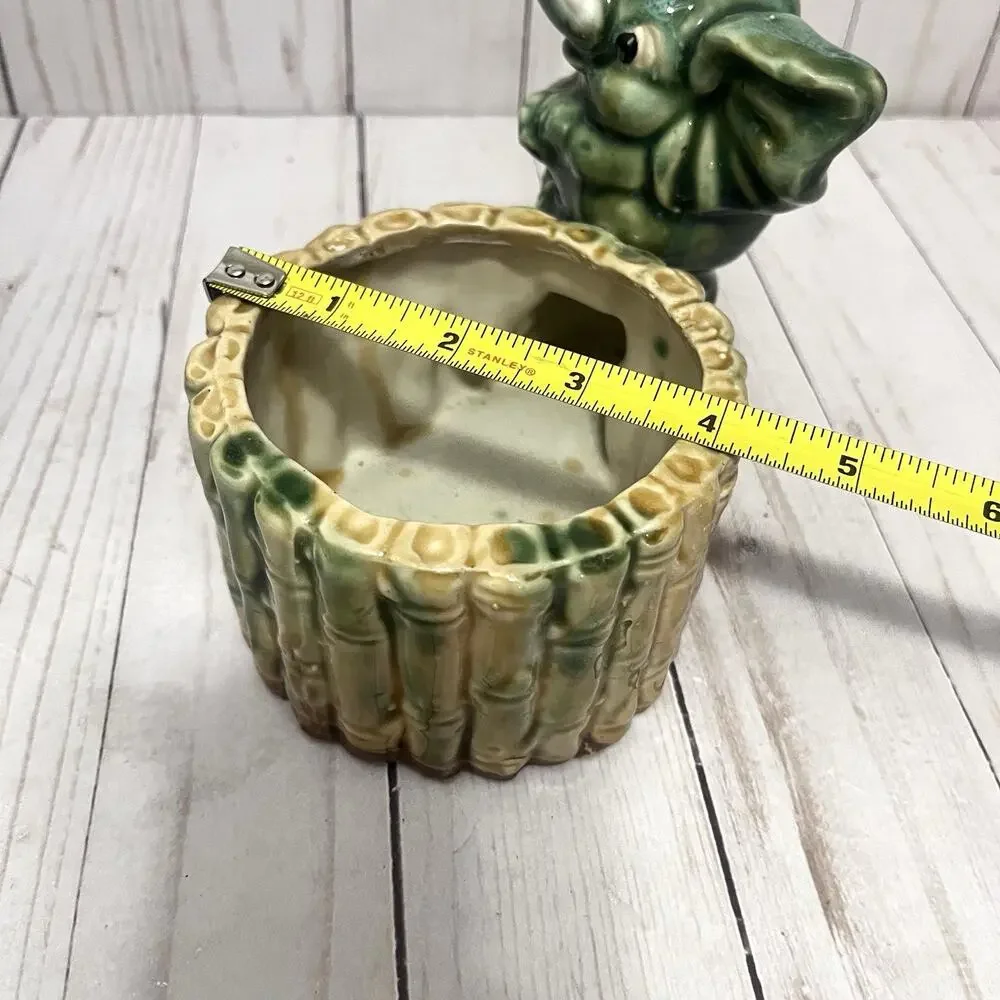 Vintage Ceramic Elephant Planter Green Glaze Bamboo Jungle MCM Kitsch 6”